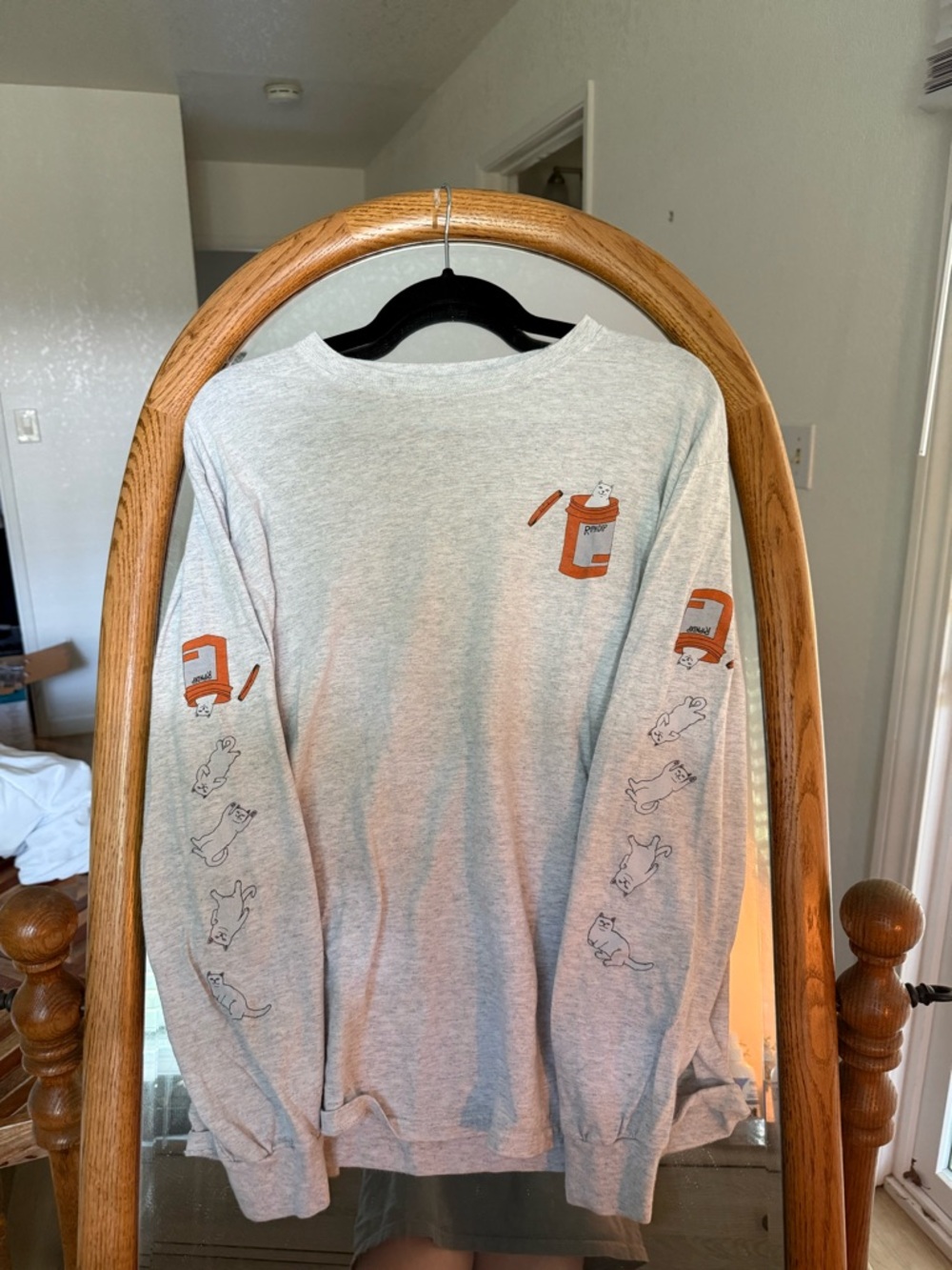 Ripndip Heather Grey Long Sleeve Tee with Orange Cat Can Graphics
